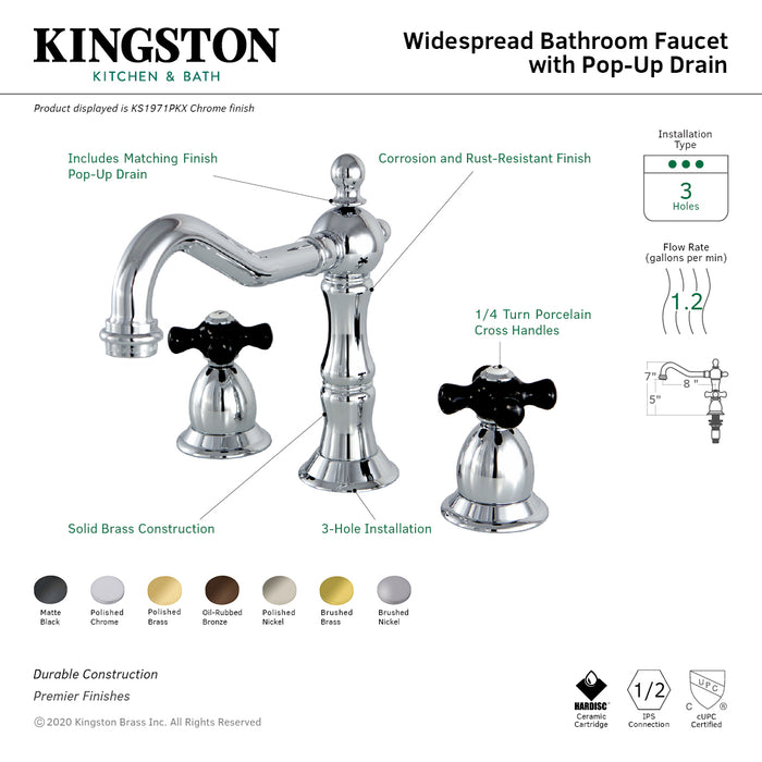 Kingston Heirloom KS1971PKX - Duchess Two-Handle 3-Hole Deck Mount Widespread Bathroom Faucet with Brass Pop-Up, Polished Chrome
