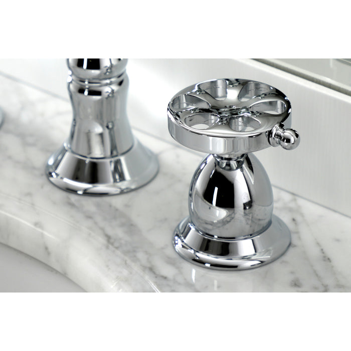 Kingston Heirloom KS1971RX - Belknap Two-Handle 3-Hole Deck Mount Widespread Bathroom Faucet with Brass Pop-Up, Polished Chrome