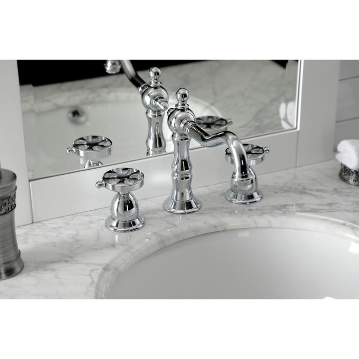 Kingston Heirloom KS1971RX - Belknap Two-Handle 3-Hole Deck Mount Widespread Bathroom Faucet with Brass Pop-Up, Polished Chrome
