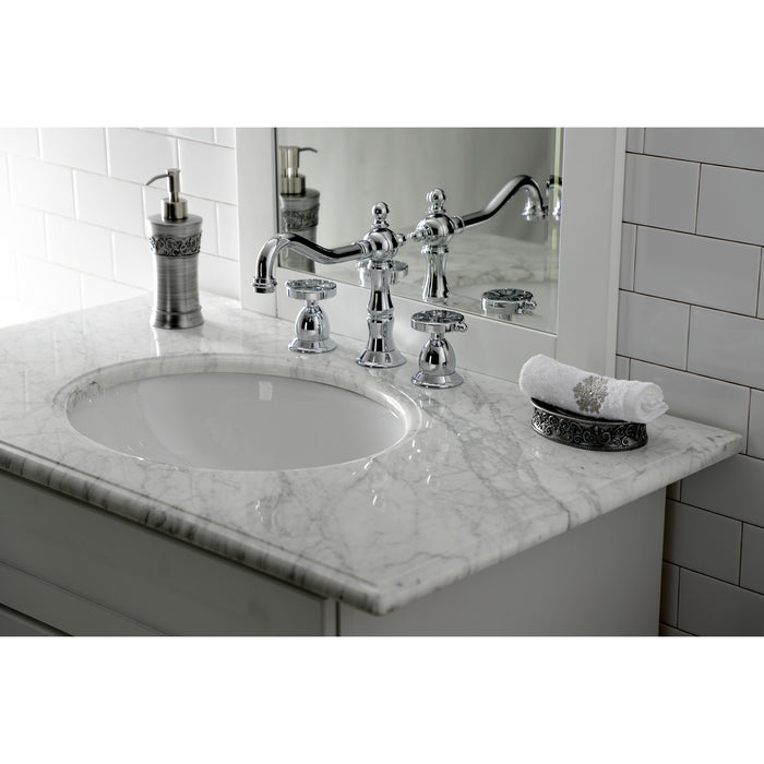 Kingston Heirloom KS1971RX - Belknap Two-Handle 3-Hole Deck Mount Widespread Bathroom Faucet with Brass Pop-Up, Polished Chrome