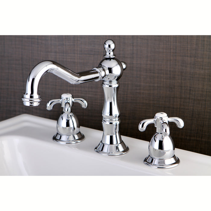 Kingston Heirloom KS1971TX - French Country Two-Handle 3-Hole Deck Mount Widespread Bathroom Faucet with Brass Pop-Up, Polished Chrome
