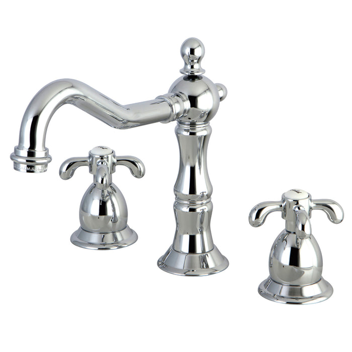 Kingston Heirloom KS1971TX - French Country Two-Handle 3-Hole Deck Mount Widespread Bathroom Faucet with Brass Pop-Up, Polished Chrome