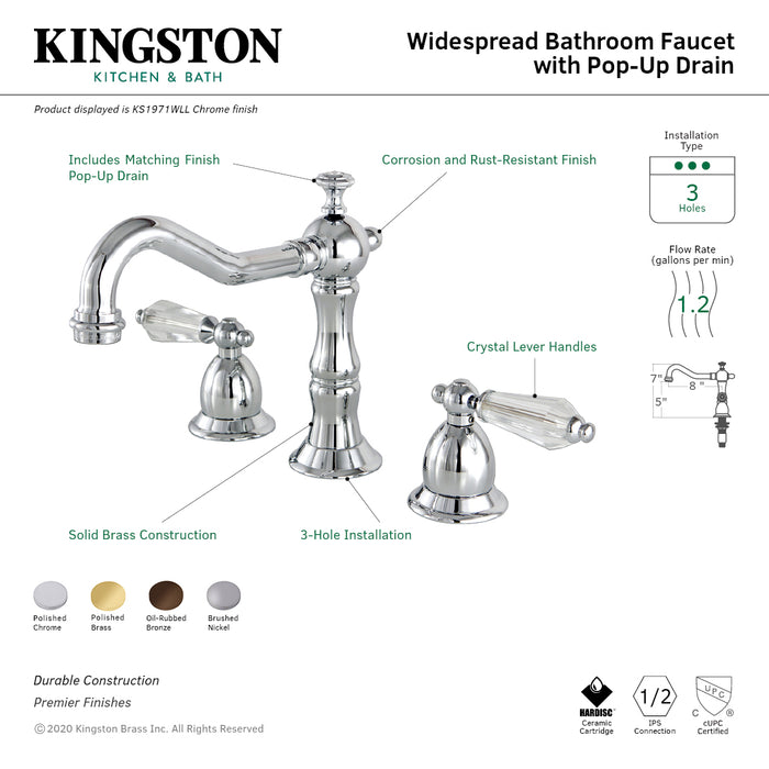 Kingston Heirloom KS1971WLL - Wilshire Two-Handle 3-Hole Deck Mount Widespread Bathroom Faucet with Brass Pop-Up, Polished Chrome