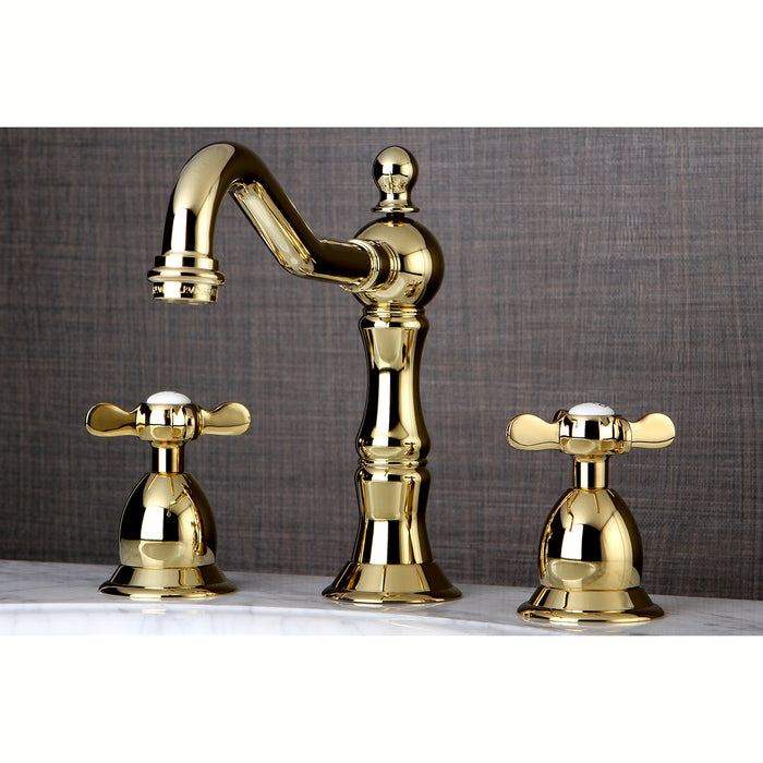 Kingston Heirloom KS1972BEX - Essex Two-Handle 3-Hole Deck Mount Widespread Bathroom Faucet with Brass Pop-Up, Polished Brass