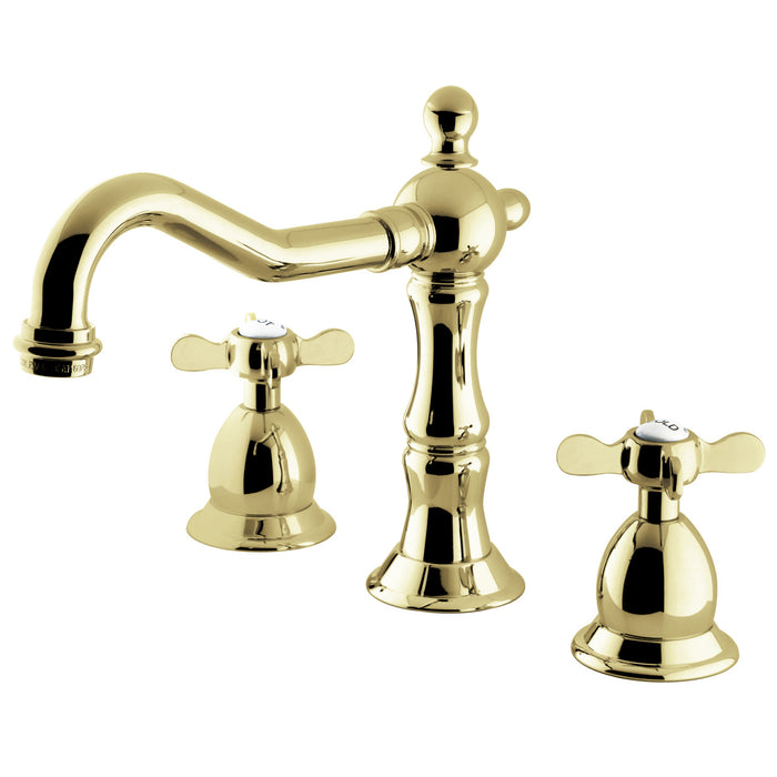 Kingston Heirloom KS1972BEX - Essex Two-Handle 3-Hole Deck Mount Widespread Bathroom Faucet with Brass Pop-Up, Polished Brass