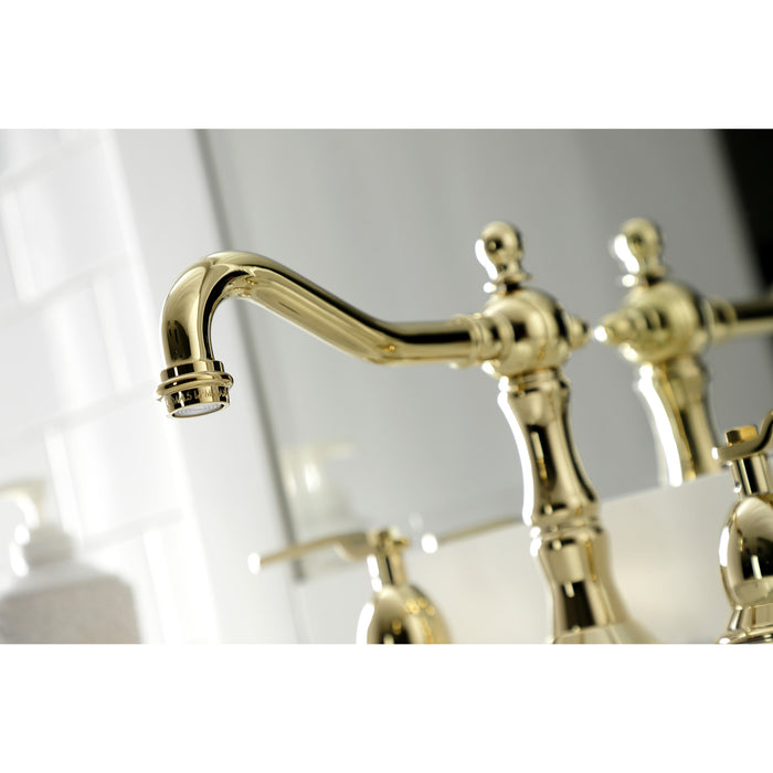 Kingston Tulare KS1972KL - Whitaker Two-Handle 3-Hole Deck Mount Widespread Bathroom Faucet with Brass Pop-Up, Polished Brass