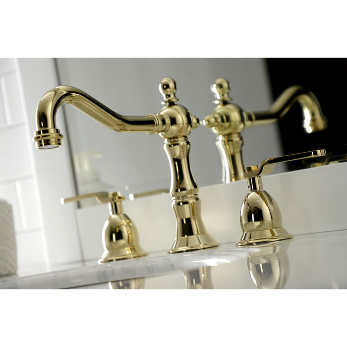 Kingston Tulare KS1972KL - Whitaker Two-Handle 3-Hole Deck Mount Widespread Bathroom Faucet with Brass Pop-Up, Polished Brass