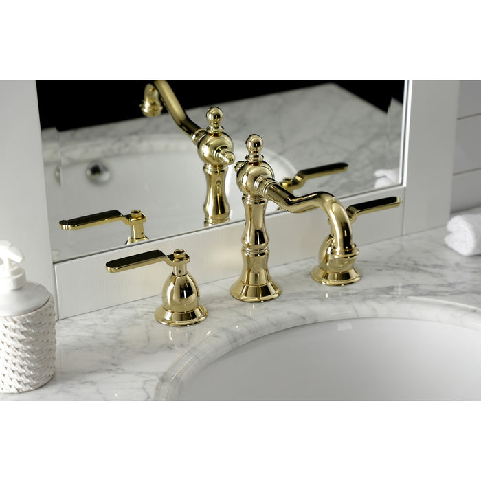 Kingston Tulare KS1972KL - Whitaker Two-Handle 3-Hole Deck Mount Widespread Bathroom Faucet with Brass Pop-Up, Polished Brass