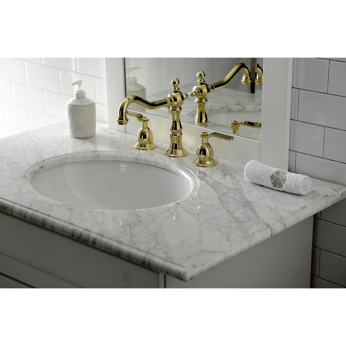 Kingston Tulare KS1972KL - Whitaker Two-Handle 3-Hole Deck Mount Widespread Bathroom Faucet with Brass Pop-Up, Polished Brass