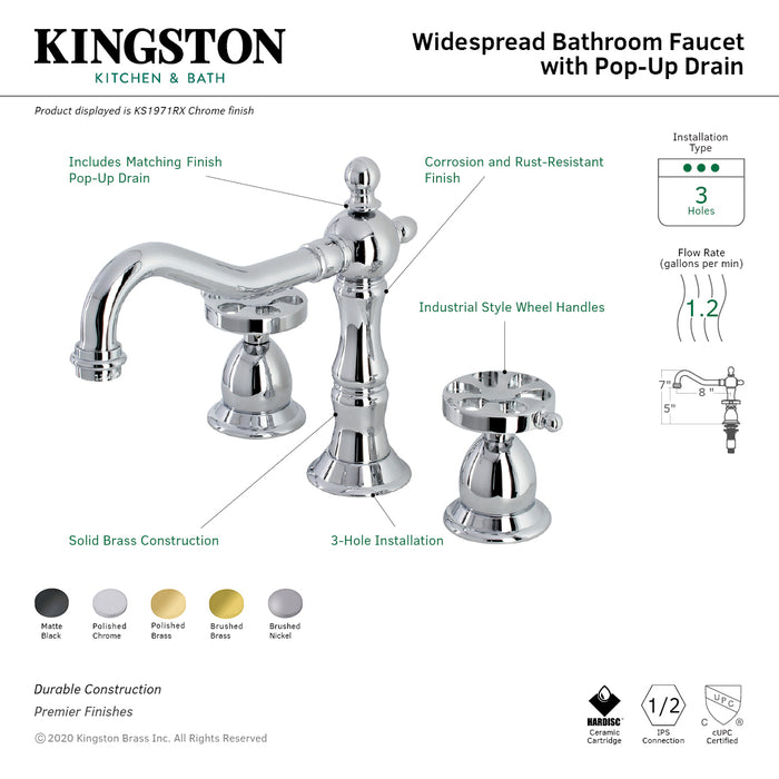 Kingston Heirloom KS1972RX - Belknap Two-Handle 3-Hole Deck Mount Widespread Bathroom Faucet with Brass Pop-Up, Polished Brass