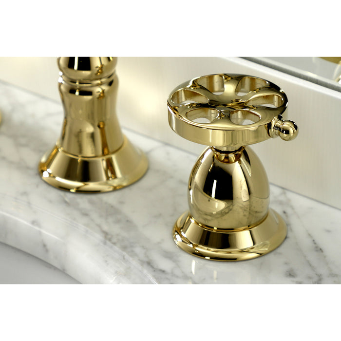 Kingston Heirloom KS1972RX - Belknap Two-Handle 3-Hole Deck Mount Widespread Bathroom Faucet with Brass Pop-Up, Polished Brass