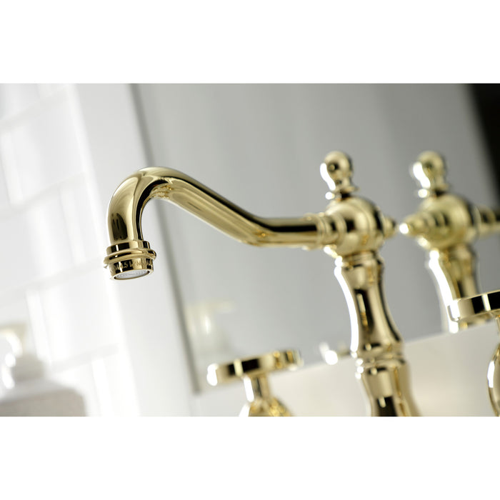 Kingston Heirloom KS1972RX - Belknap Two-Handle 3-Hole Deck Mount Widespread Bathroom Faucet with Brass Pop-Up, Polished Brass