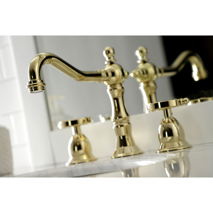Kingston Heirloom KS1972RX - Belknap Two-Handle 3-Hole Deck Mount Widespread Bathroom Faucet with Brass Pop-Up, Polished Brass