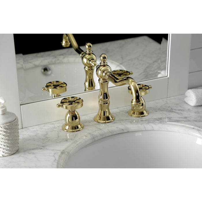 Kingston Heirloom KS1972RX - Belknap Two-Handle 3-Hole Deck Mount Widespread Bathroom Faucet with Brass Pop-Up, Polished Brass