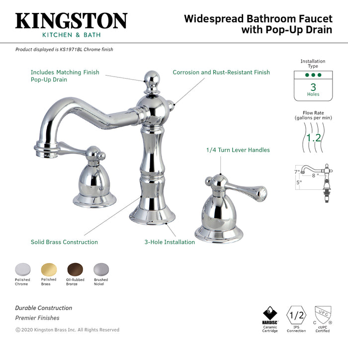 Kingston Heirloom KS1975BL - Heritage Two-Handle 3-Hole Deck Mount Widespread Bathroom Faucet with Brass Pop-Up, Oil Rubbed Bronze