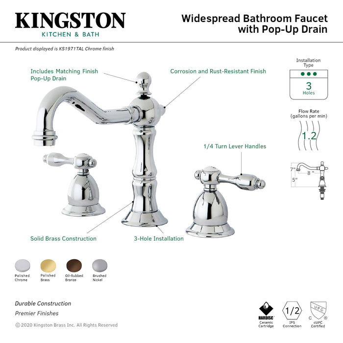 Kingston Heirloom KS1975TAL - Tudor Two-Handle 3-Hole Deck Mount Widespread Bathroom Faucet with Brass Pop-Up, Oil Rubbed Bronze