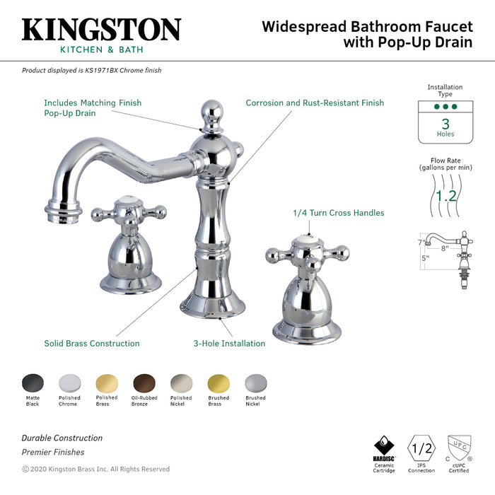 Kingston Heirloom KS1976BX - Heritage Two-Handle 3-Hole Deck Mount Widespread Bathroom Faucet with Brass Pop-Up, Polished Nickel