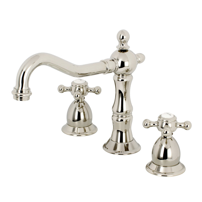 Kingston Heirloom KS1976BX - Heritage Two-Handle 3-Hole Deck Mount Widespread Bathroom Faucet with Brass Pop-Up, Polished Nickel