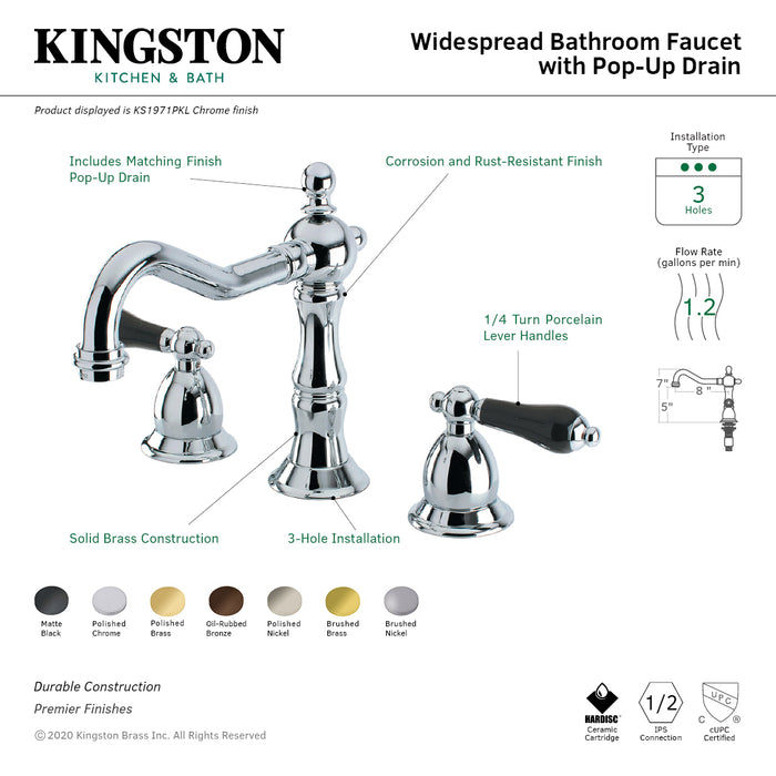 Kingston Heirloom KS1976PKL - Duchess Two-Handle 3-Hole Deck Mount Widespread Bathroom Faucet with Brass Pop-Up, Polished Nickel