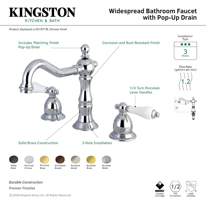 Kingston Heirloom KS1976PL - Heritage Two-Handle 3-Hole Deck Mount Widespread Bathroom Faucet with Brass Pop-Up, Polished Nickel