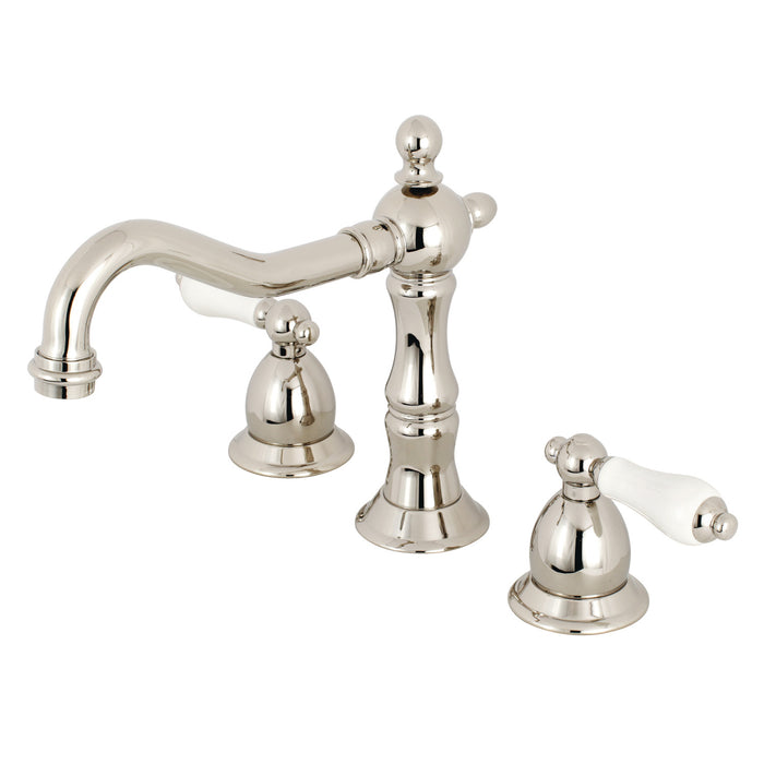 Kingston Heirloom KS1976PL - Heritage Two-Handle 3-Hole Deck Mount Widespread Bathroom Faucet with Brass Pop-Up, Polished Nickel