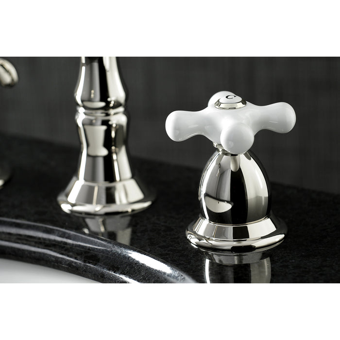Kingston Heirloom KS1976PX - Heritage Two-Handle 3-Hole Deck Mount Widespread Bathroom Faucet with Brass Pop-Up, Polished Nickel