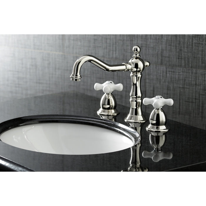 Kingston Heirloom KS1976PX - Heritage Two-Handle 3-Hole Deck Mount Widespread Bathroom Faucet with Brass Pop-Up, Polished Nickel
