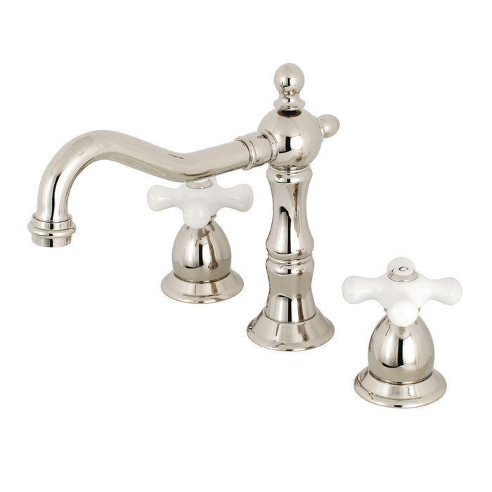Kingston Heirloom KS1976PX - Heritage Two-Handle 3-Hole Deck Mount Widespread Bathroom Faucet with Brass Pop-Up, Polished Nickel
