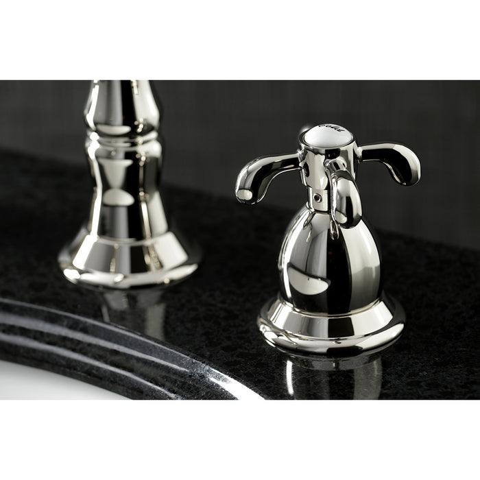 Kingston Heirloom KS1976TX - French Country Two-Handle 3-Hole Deck Mount Widespread Bathroom Faucet with Brass Pop-Up, Polished Nickel