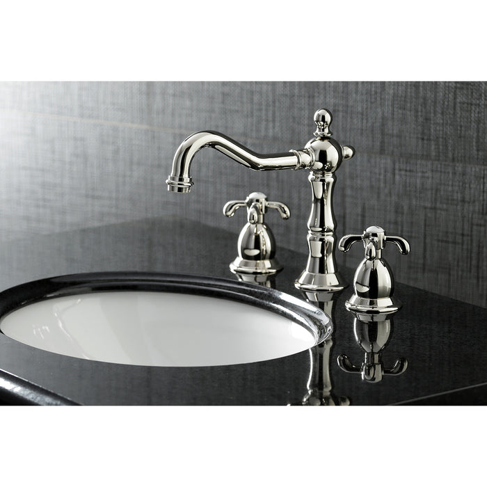 Kingston Heirloom KS1976TX - French Country Two-Handle 3-Hole Deck Mount Widespread Bathroom Faucet with Brass Pop-Up, Polished Nickel