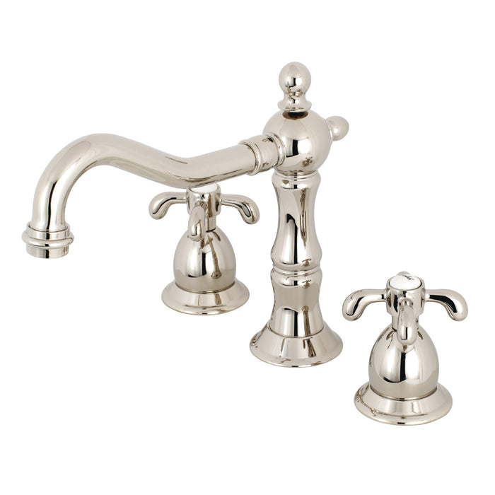 Kingston Heirloom KS1976TX - French Country Two-Handle 3-Hole Deck Mount Widespread Bathroom Faucet with Brass Pop-Up, Polished Nickel