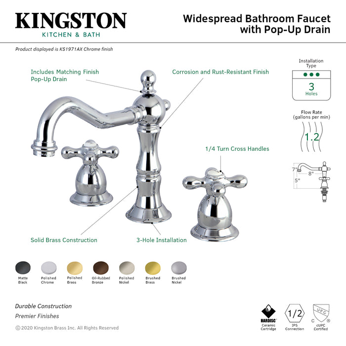 Kingston Heirloom KS1977AX - Heritage Two-Handle 3-Hole Deck Mount Widespread Bathroom Faucet with Brass Pop-Up, Brushed Brass