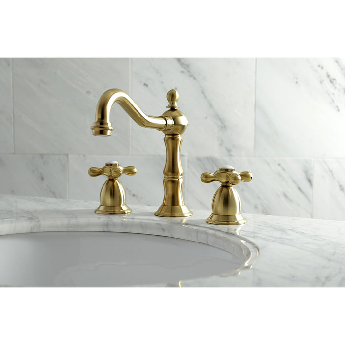 Kingston Heirloom KS1977AX - Heritage Two-Handle 3-Hole Deck Mount Widespread Bathroom Faucet with Brass Pop-Up, Brushed Brass