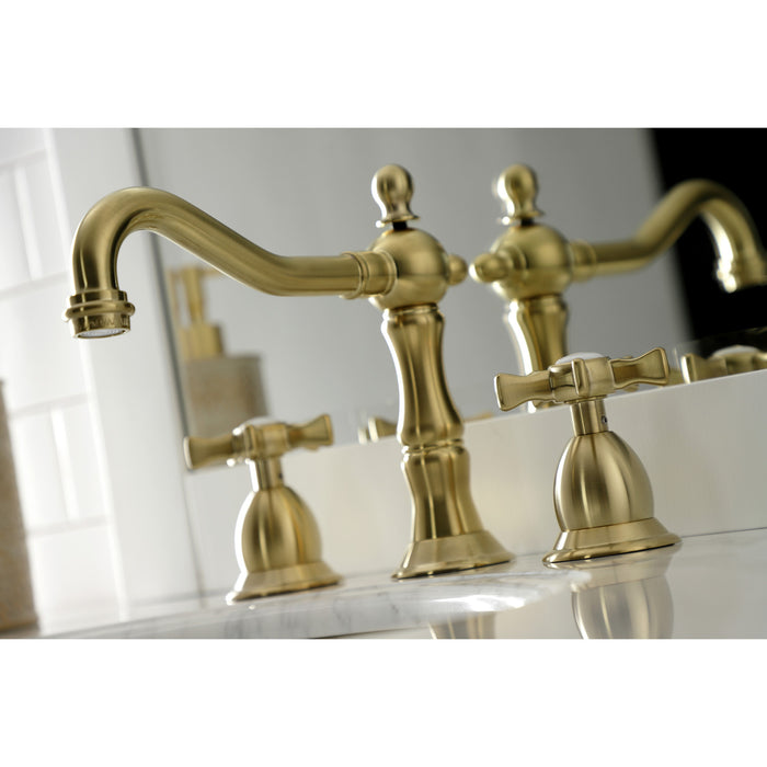 Kingston Heirloom KS1977NX - Hamilton Two-Handle 3-Hole Deck Mount Widespread Bathroom Faucet with Brass Pop-Up, Brushed Brass