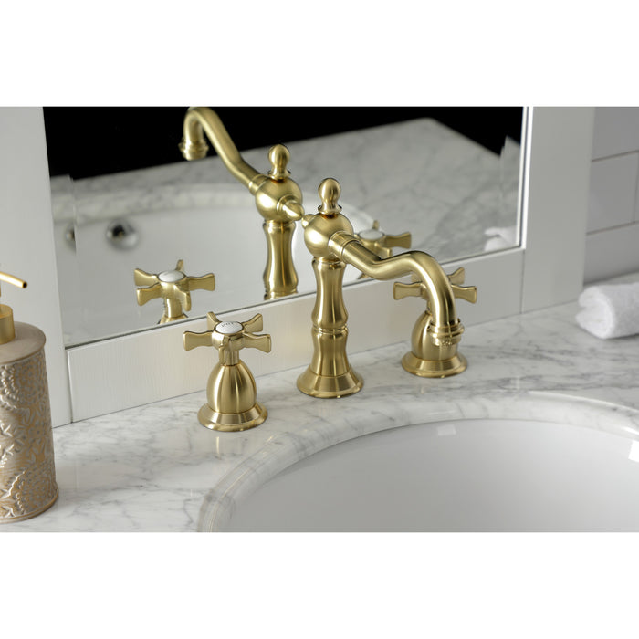 Kingston Heirloom KS1977NX - Hamilton Two-Handle 3-Hole Deck Mount Widespread Bathroom Faucet with Brass Pop-Up, Brushed Brass
