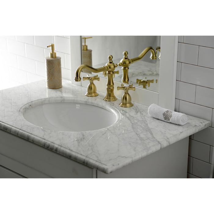 Kingston Heirloom KS1977NX - Hamilton Two-Handle 3-Hole Deck Mount Widespread Bathroom Faucet with Brass Pop-Up, Brushed Brass