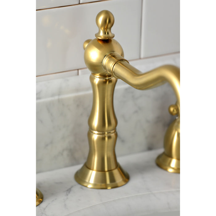 Kingston Heirloom KS1977PKL - Duchess Two-Handle 3-Hole Deck Mount Widespread Bathroom Faucet with Brass Pop-Up, Brushed Brass