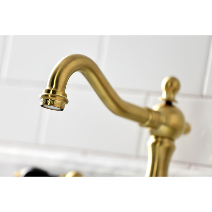 Kingston Heirloom KS1977PKL - Duchess Two-Handle 3-Hole Deck Mount Widespread Bathroom Faucet with Brass Pop-Up, Brushed Brass