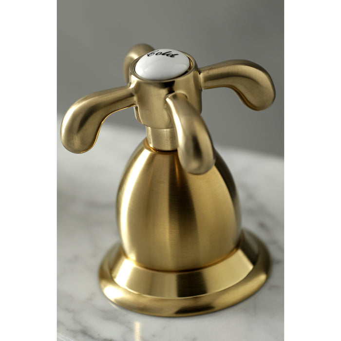 Kingston Heirloom KS1977TX - French Country Two-Handle 3-Hole Deck Mount Widespread Bathroom Faucet with Brass Pop-Up, Brushed Brass