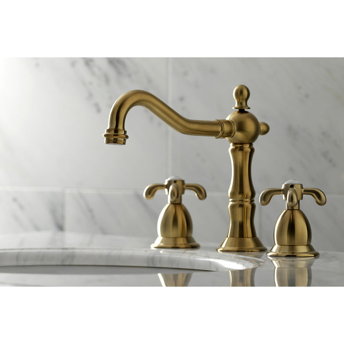 Kingston Heirloom KS1977TX - French Country Two-Handle 3-Hole Deck Mount Widespread Bathroom Faucet with Brass Pop-Up, Brushed Brass