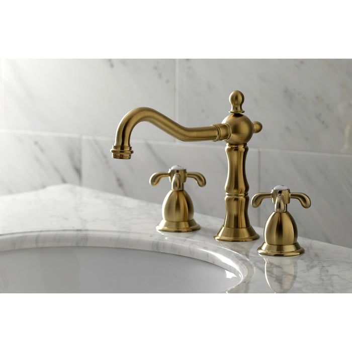 Kingston Heirloom KS1977TX - French Country Two-Handle 3-Hole Deck Mount Widespread Bathroom Faucet with Brass Pop-Up, Brushed Brass