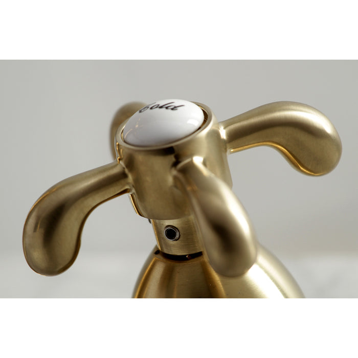 Kingston Heirloom KS1977TX - French Country Two-Handle 3-Hole Deck Mount Widespread Bathroom Faucet with Brass Pop-Up, Brushed Brass