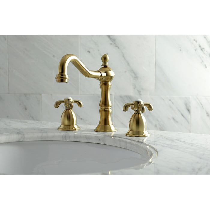 Kingston Heirloom KS1977TX - French Country Two-Handle 3-Hole Deck Mount Widespread Bathroom Faucet with Brass Pop-Up, Brushed Brass