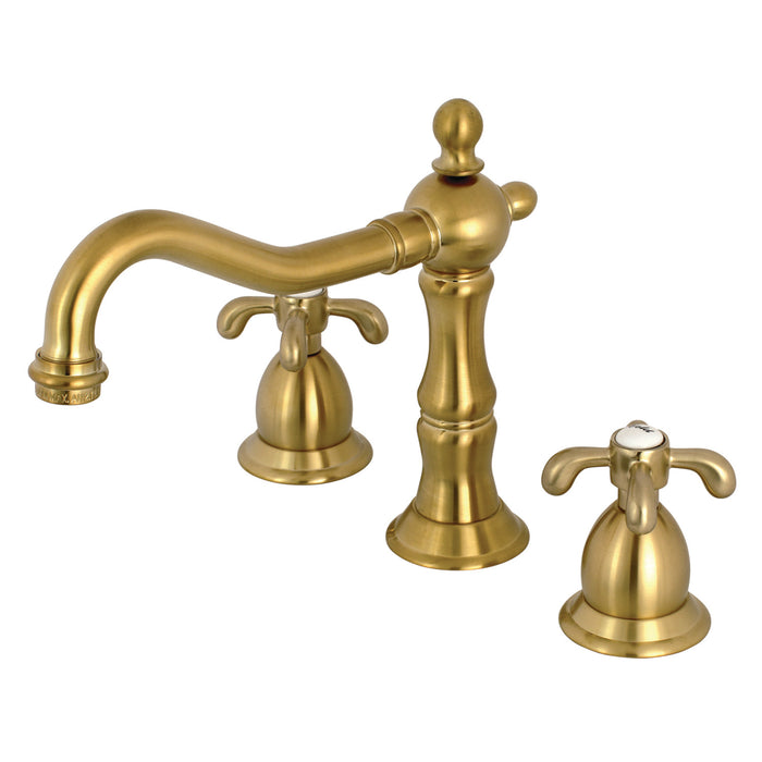 Kingston Heirloom KS1977TX - French Country Two-Handle 3-Hole Deck Mount Widespread Bathroom Faucet with Brass Pop-Up, Brushed Brass
