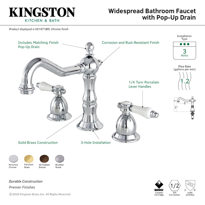 Kingston Heirloom KS1978BPL - Bel-Air Two-Handle 3-Hole Deck Mount Widespread Bathroom Faucet with Brass Pop-Up, Brushed Nickel