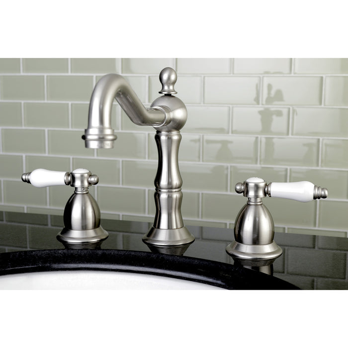 Kingston Heirloom KS1978BPL - Bel-Air Two-Handle 3-Hole Deck Mount Widespread Bathroom Faucet with Brass Pop-Up, Brushed Nickel