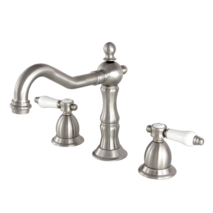 Kingston Heirloom KS1978BPL - Bel-Air Two-Handle 3-Hole Deck Mount Widespread Bathroom Faucet with Brass Pop-Up, Brushed Nickel
