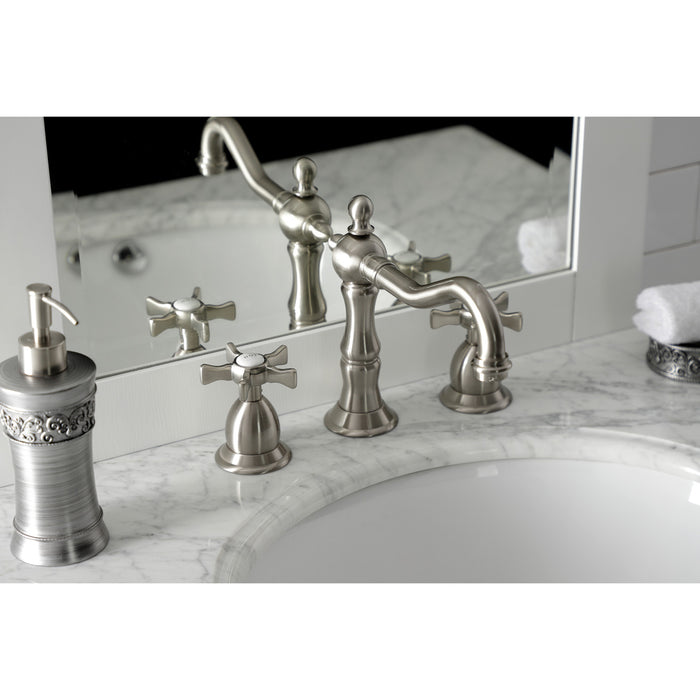 Kingston Heirloom KS1978NX - Hamilton Two-Handle 3-Hole Deck Mount Widespread Bathroom Faucet with Brass Pop-Up, Brushed Nickel