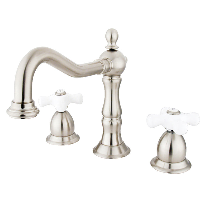 Kingston Heirloom KS1978PX - Heritage Two-Handle 3-Hole Deck Mount Widespread Bathroom Faucet with Brass Pop-Up, Brushed Nickel