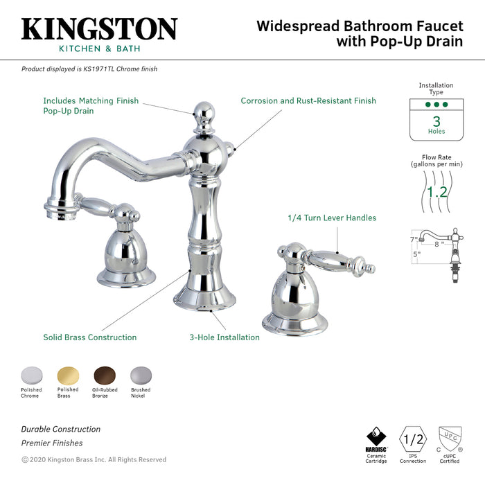Kingston Heirloom KS1978TL - Heritage Two-Handle 3-Hole Deck Mount Widespread Bathroom Faucet with Brass Pop-Up, Brushed Nickel